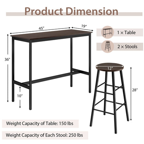 Juego de comedor de 3 piezas con mesa de bar y taburetes para cocina
