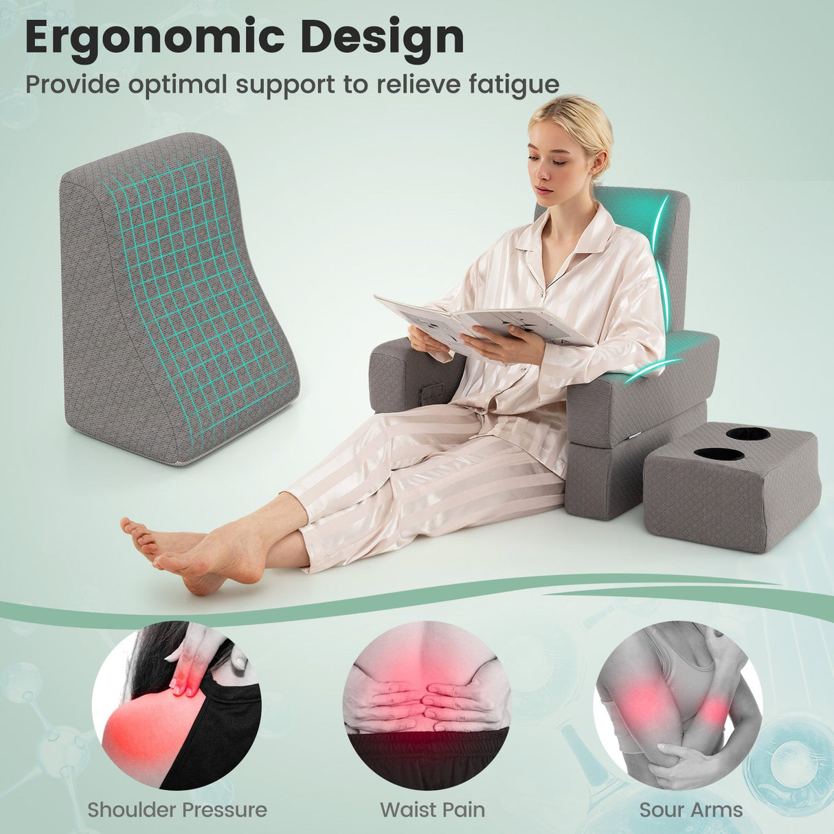 Juego de almohada de lectura de 3 piezas con escritorio para regazo extragrande con posavasos - Gris
