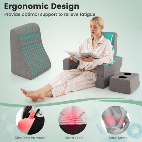 Juego de almohada de lectura de 3 piezas con escritorio para regazo extragrande con posavasos - Gris