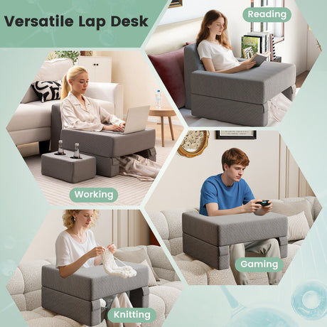 Juego de almohada de lectura de 3 piezas con escritorio para regazo extragrande con posavasos - Gris