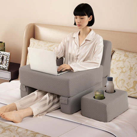 Juego de almohada de lectura de 3 piezas con escritorio para regazo extragrande con posavasos - Gris