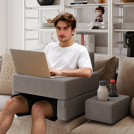 Juego de almohada de lectura de 3 piezas con escritorio para regazo extragrande con posavasos - Gris