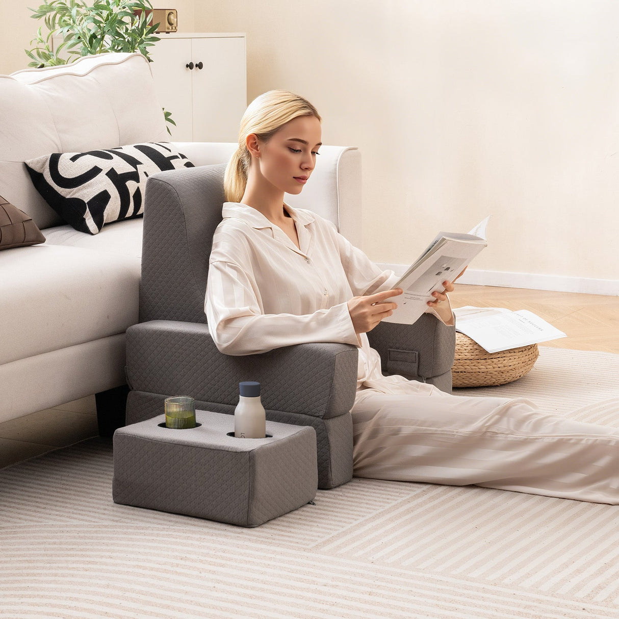 Juego de almohada de lectura de 3 piezas con escritorio para regazo extragrande con posavasos - Gris