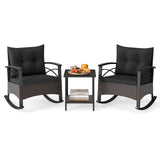 3 Piece Rocking Bistro Set PE Rattan Rocker Chairs with Acacia Wood Top Table