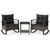 3 Piece Rocking Bistro Set PE Rattan Rocker Chairs with Acacia Wood Top Table