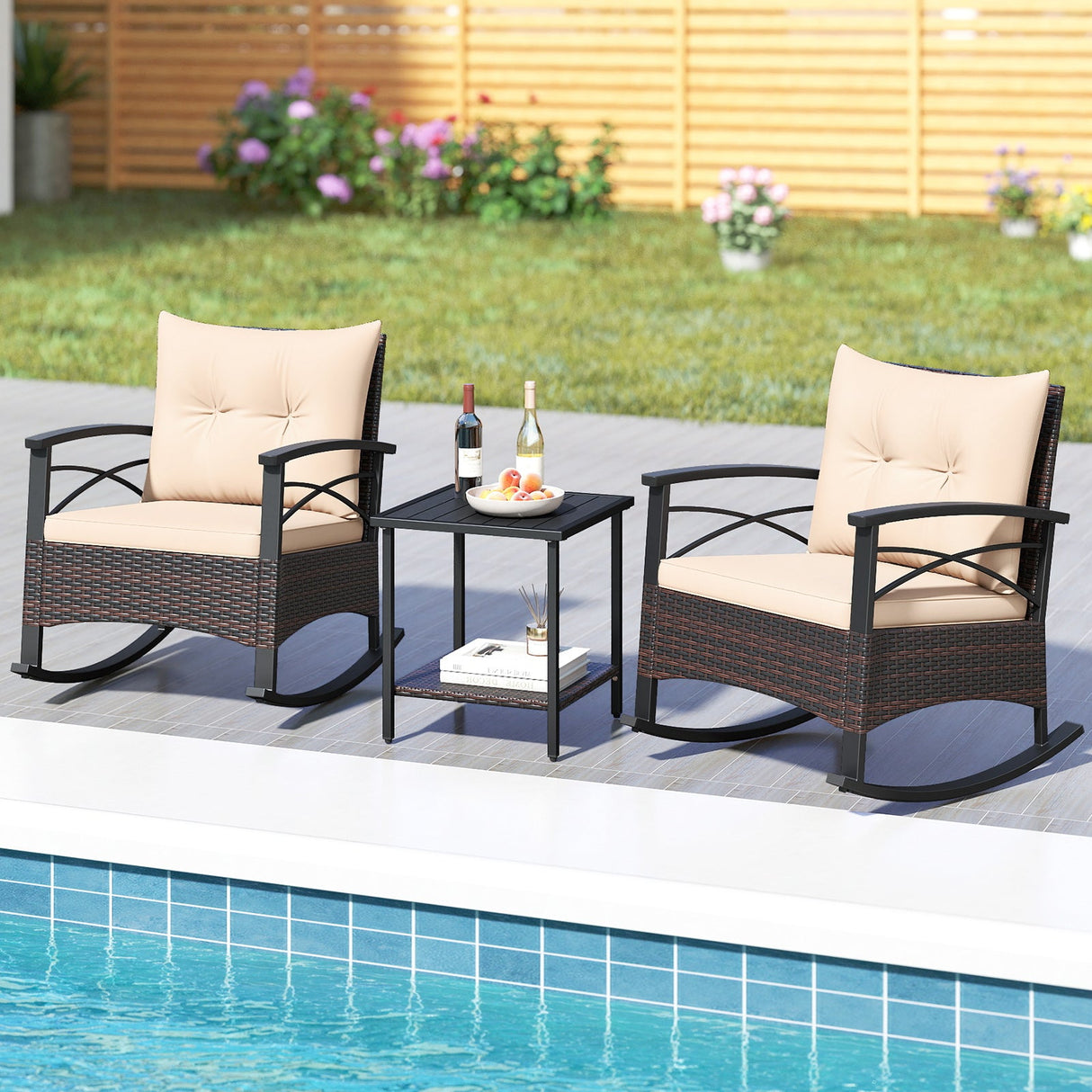 3 Piece Rocking Bistro Set PE Rattan Rocker Chairs with Acacia Wood Top Table