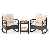 3 Piece Rocking Bistro Set PE Rattan Rocker Chairs with Acacia Wood Top Table