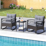 3 Piece Rocking Bistro Set PE Rattan Rocker Chairs with Acacia Wood Top Table