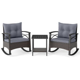 3 Piece Rocking Bistro Set PE Rattan Rocker Chairs with Acacia Wood Top Table