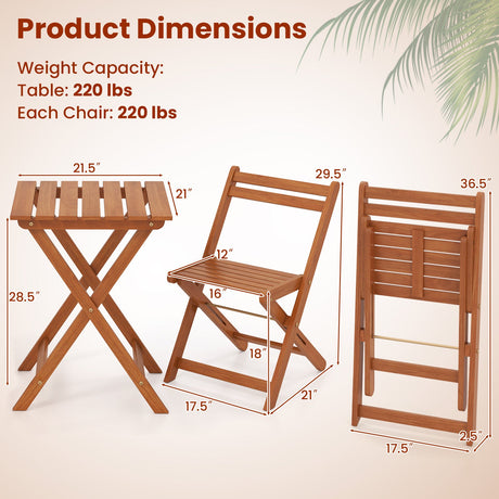 Juego de muebles de madera maciza de 3 piezas con 2 sillas plegables