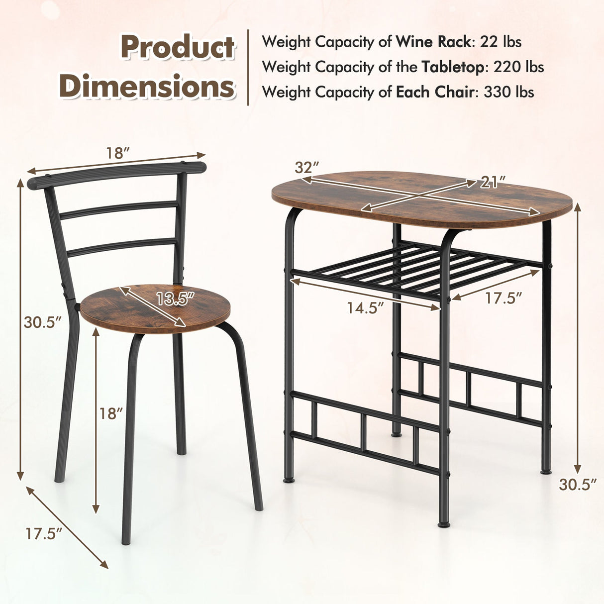3 pcs Home Kitchen Bistro Pub Dining Table 2 Chairs Set