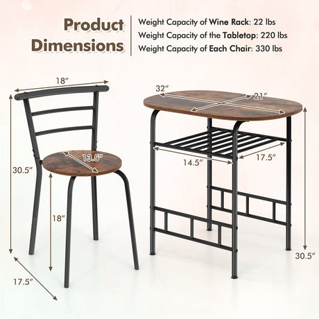 Juego de mesa de comedor de 3 piezas y 2 sillas para cocina, bistró, pub y hogar