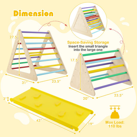 Set de 3 piezas de triángulos Montessori para niños pequeños con 2 triángulos de escalada y 1 rampa - Colorido