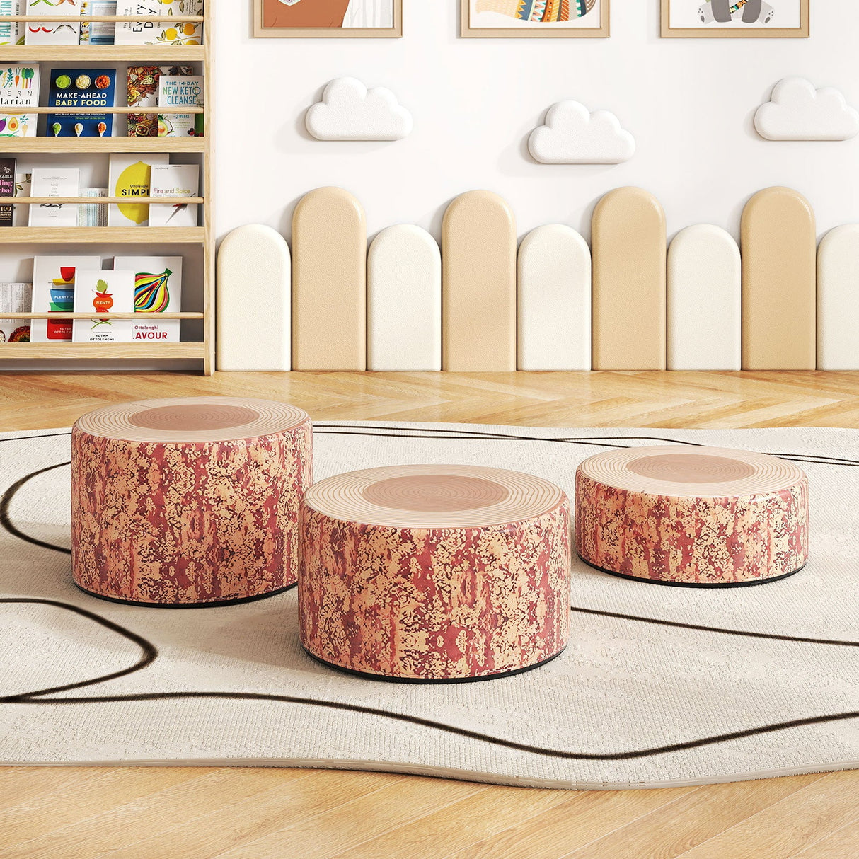 Juego de 3 taburetes con diseño de tronco de árbol y estampado de madera, decoración natural