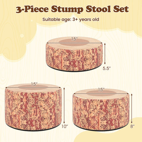 Juego de 3 taburetes con diseño de tronco de árbol y estampado de madera, decoración natural