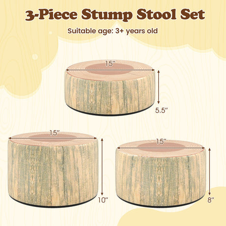 Juego de 3 taburetes con diseño de tronco de árbol y estampado de madera, decoración natural
