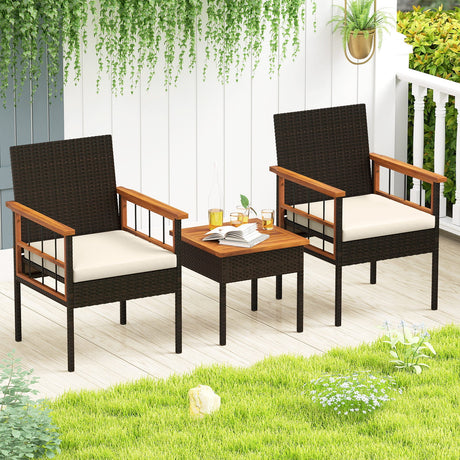 Juego de muebles de mimbre de 3 piezas con tablero y reposabrazos de madera de acacia para balcón - Blanco