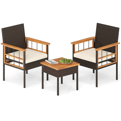 Juego de muebles de mimbre de 3 piezas con tablero y reposabrazos de madera de acacia para balcón - Blanco