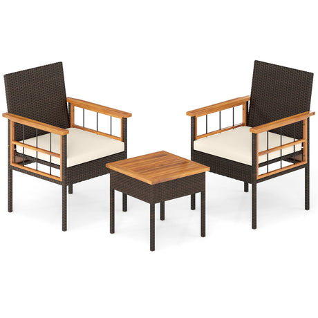 Juego de muebles de mimbre de 3 piezas con tablero y reposabrazos de madera de acacia para balcón - Blanco