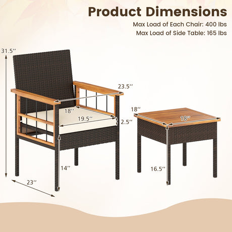 Juego de muebles de mimbre de 3 piezas con tablero y reposabrazos de madera de acacia para balcón - Blanco