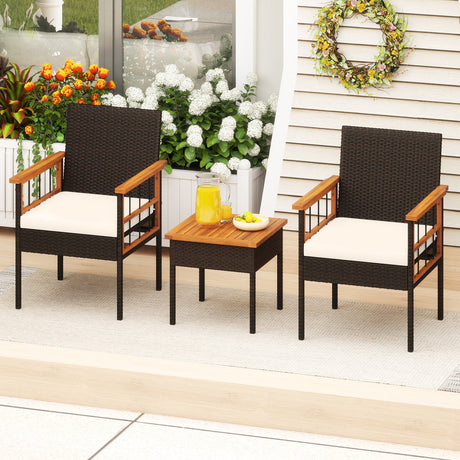Juego de muebles de mimbre de 3 piezas con tablero y reposabrazos de madera de acacia para balcón - Blanco