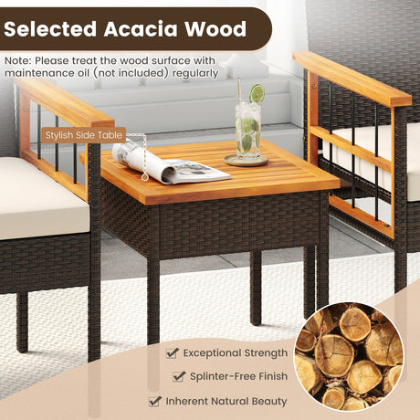 Juego de muebles de mimbre de 3 piezas con tablero y reposabrazos de madera de acacia para balcón - Blanco