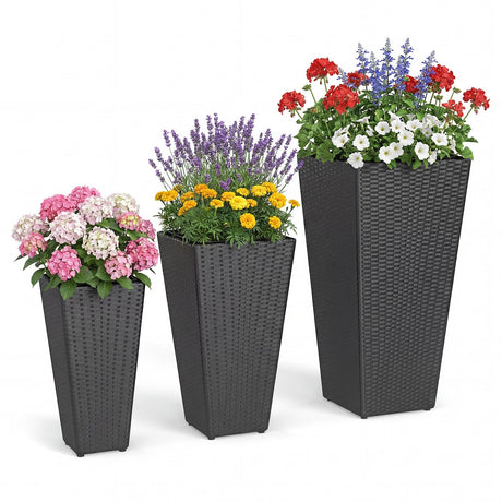 Maceteros de mimbre de 3 piezas, jardineras cónicas de ratán PP con macetas de plástico - Negro