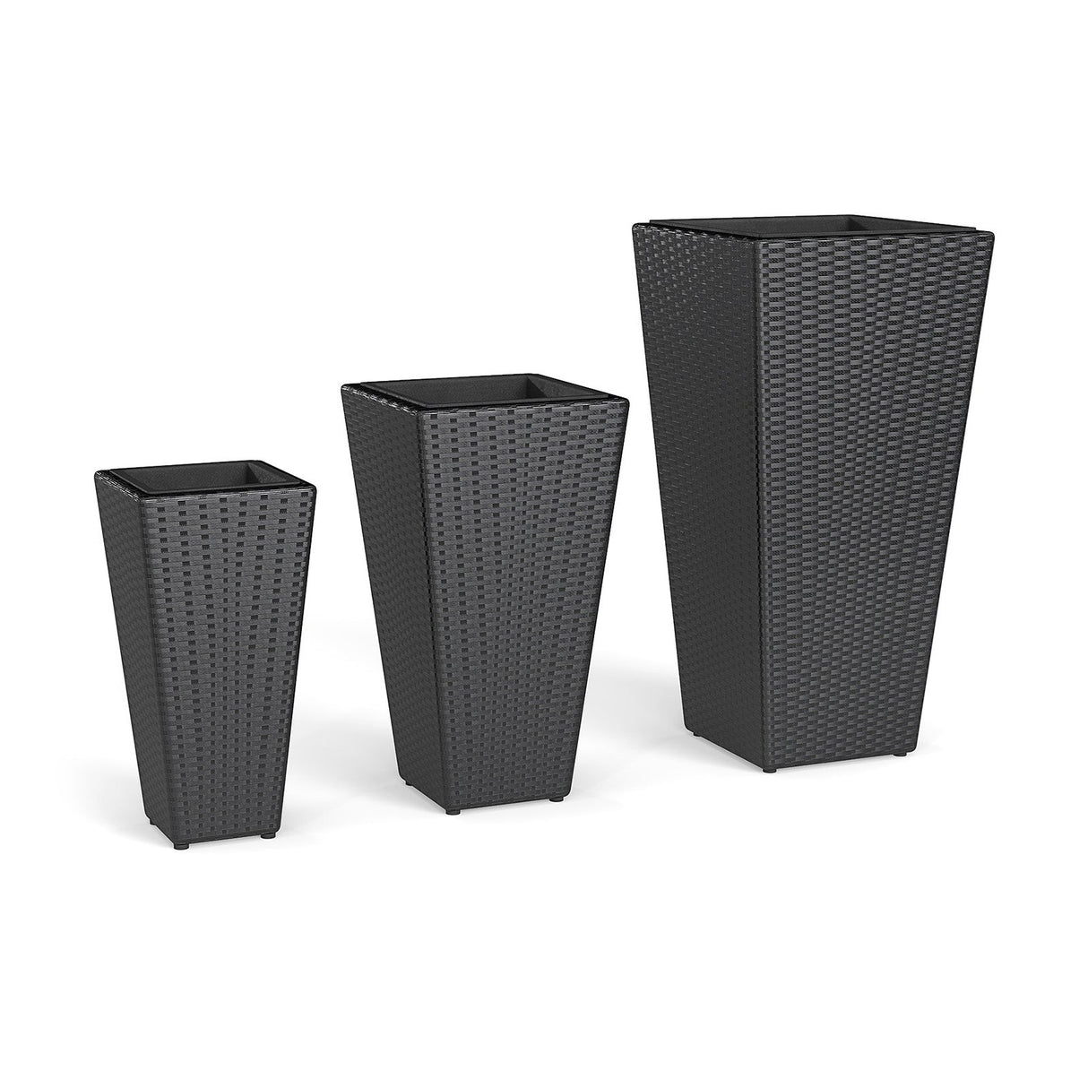 Maceteros de mimbre de 3 piezas, jardineras cónicas de ratán PP con macetas de plástico - Negro