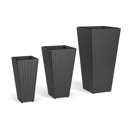 Maceteros de mimbre de 3 piezas, jardineras cónicas de ratán PP con macetas de plástico - Negro