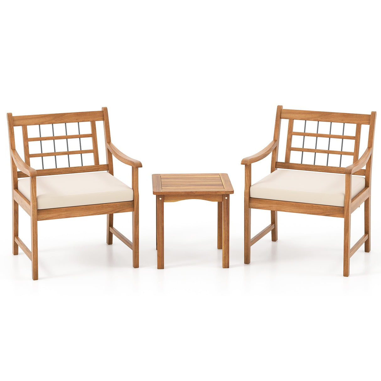 Juego de muebles de patio de madera de 3 piezas con cojines de asiento y estructura de madera de acacia