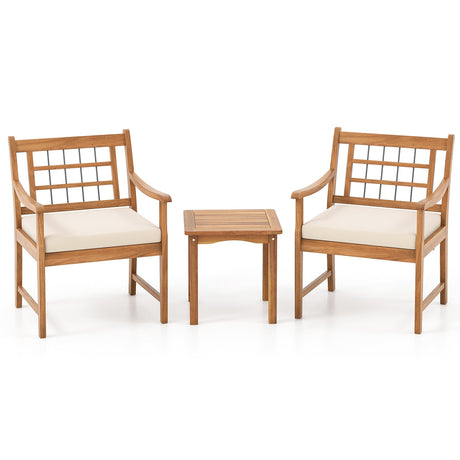 Juego de muebles de patio de madera de 3 piezas con cojines de asiento y estructura de madera de acacia