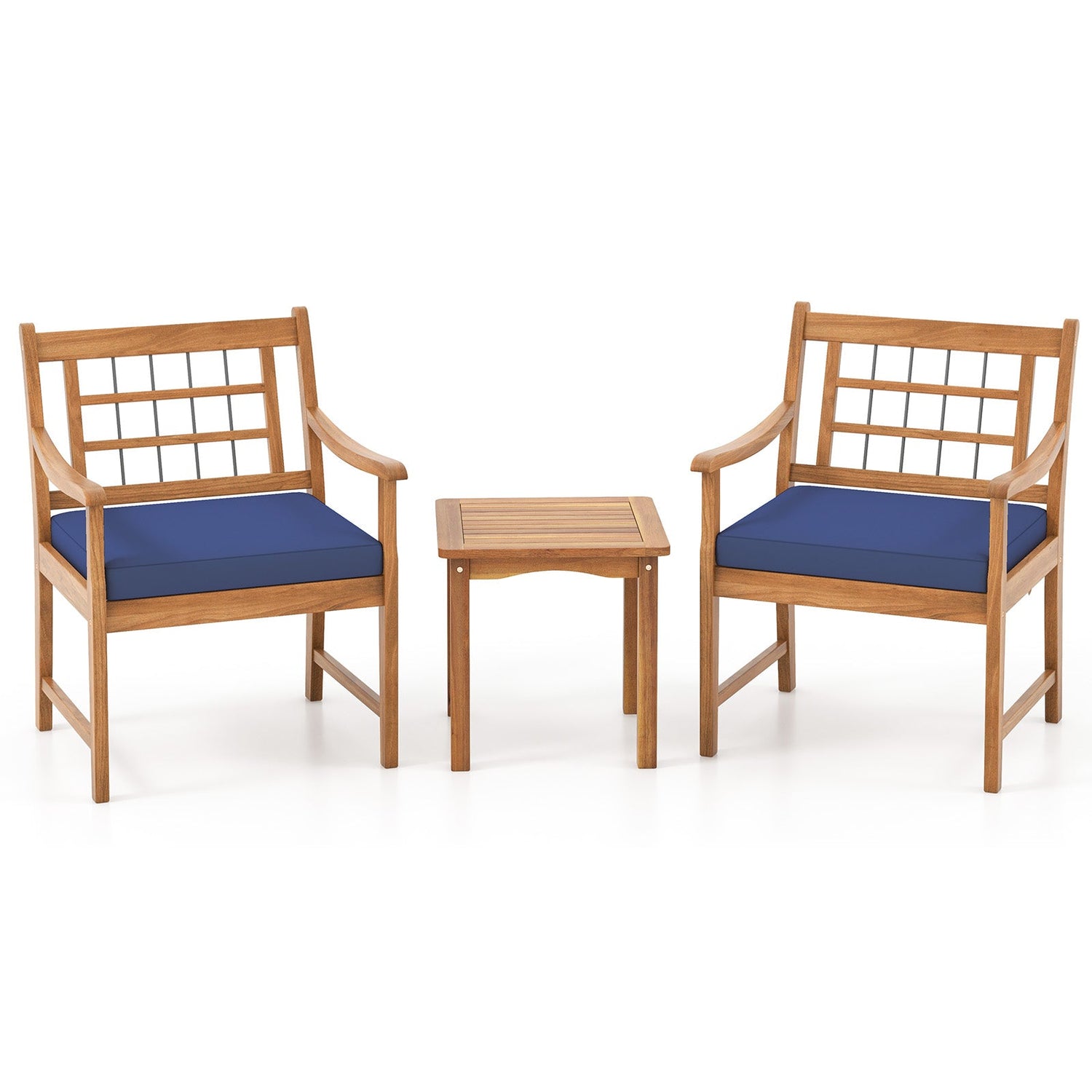 Juego de muebles de patio de madera de 3 piezas con cojines de asiento y estructura de madera de acacia