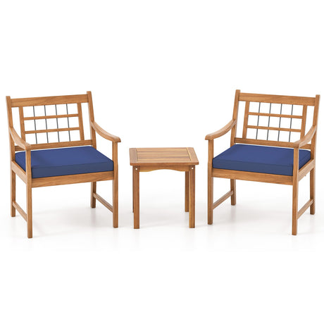 Juego de muebles de patio de madera de 3 piezas con cojines de asiento y estructura de madera de acacia