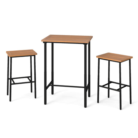 Juego de barra para patio de madera de acacia de 3 piezas, mesa rectangular con estructura metálica