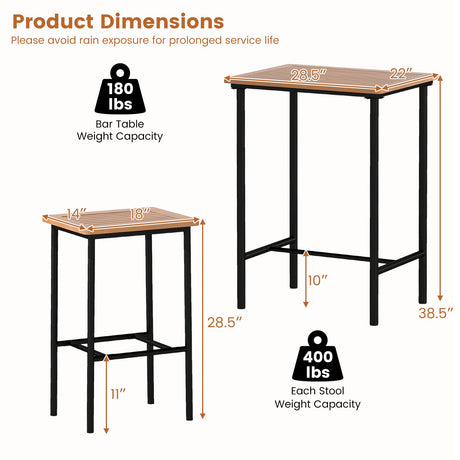 Juego de barra para patio de madera de acacia de 3 piezas, mesa rectangular con estructura metálica