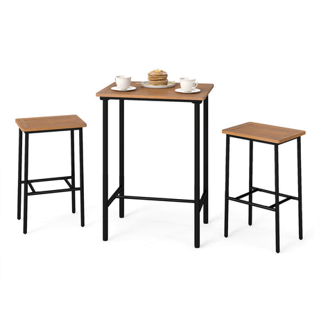 Juego de barra para patio de madera de acacia de 3 piezas, mesa rectangular con estructura metálica