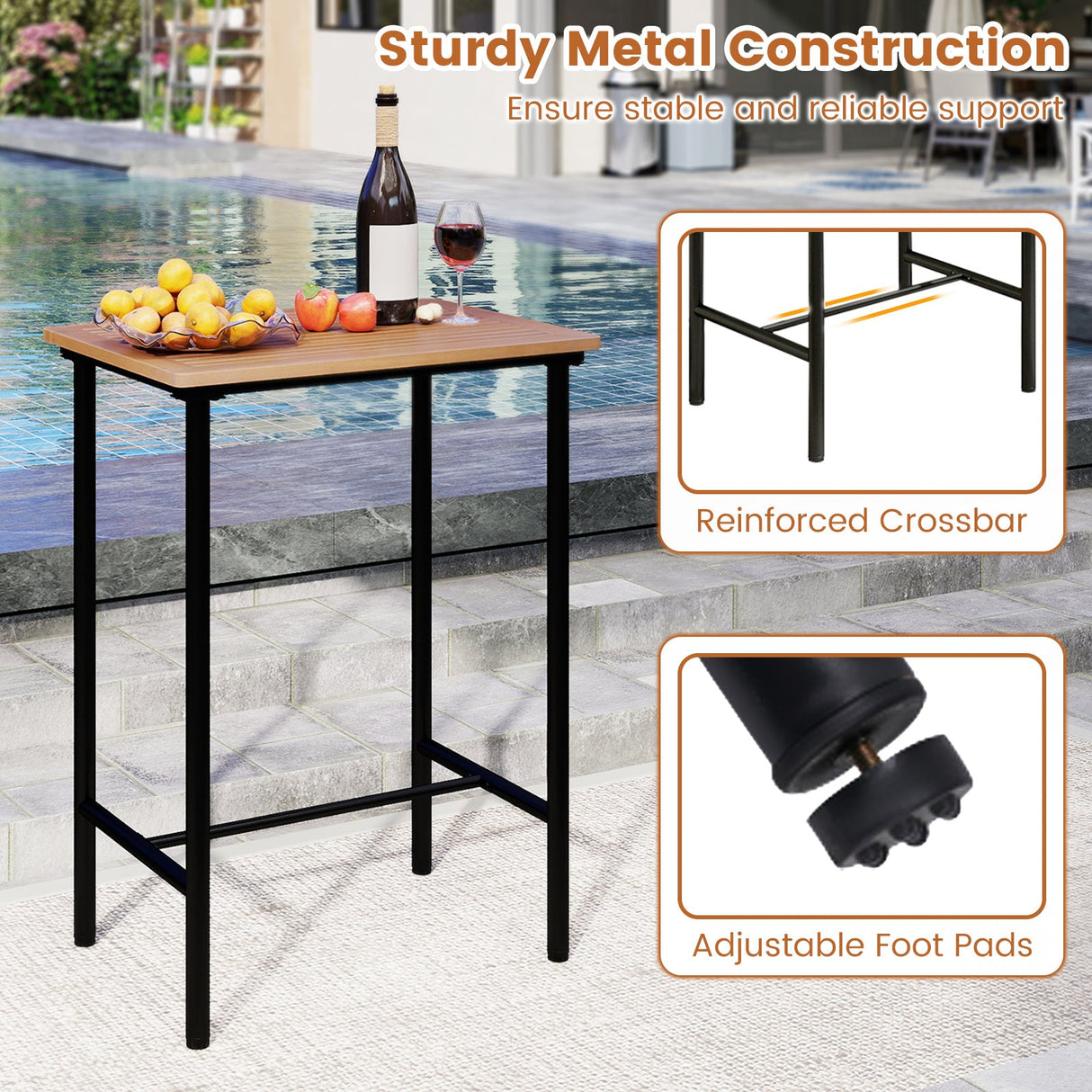 Juego de barra para patio de madera de acacia de 3 piezas, mesa rectangular con estructura metálica