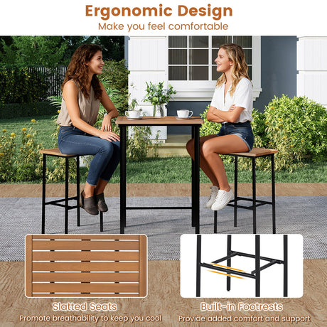 Juego de barra para patio de madera de acacia de 3 piezas, mesa rectangular con estructura metálica