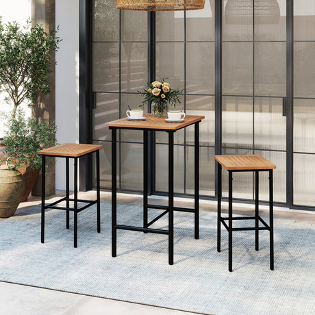 Juego de barra para patio de madera de acacia de 3 piezas, mesa rectangular con estructura metálica