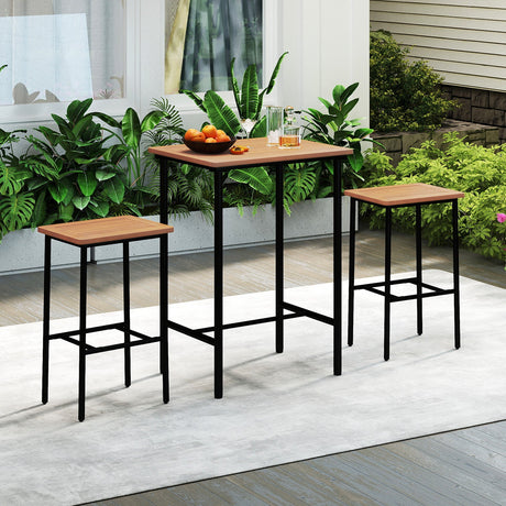 Juego de barra para patio de madera de acacia de 3 piezas, mesa rectangular con estructura metálica