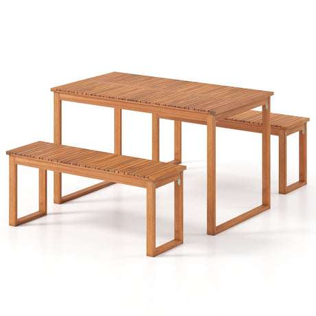 Juego de pícnic de madera de acacia de 3 piezas con mesa de comedor y 2 bancos para 4 personas