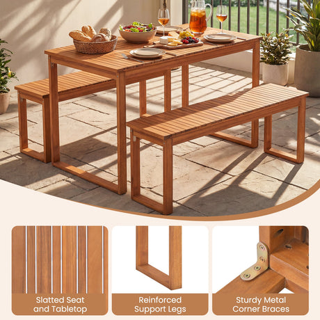 Juego de pícnic de madera de acacia de 3 piezas con mesa de comedor y 2 bancos para 4 personas