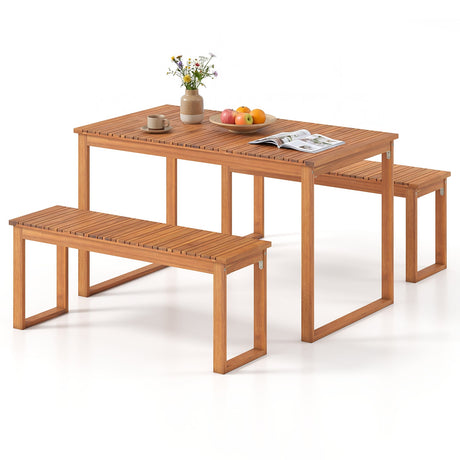 Juego de pícnic de madera de acacia de 3 piezas con mesa de comedor y 2 bancos para 4 personas