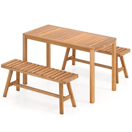 Juego de comedor de patio de madera de acacia de 3 piezas, mesa rectangular y bancos para exteriores con asientos de listones