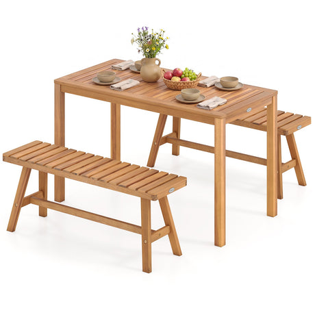 Juego de comedor de patio de madera de acacia de 3 piezas, mesa rectangular y bancos para exteriores con asientos de listones