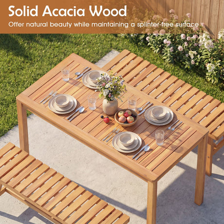 Juego de comedor de patio de madera de acacia de 3 piezas, mesa rectangular y bancos para exteriores con asientos de listones