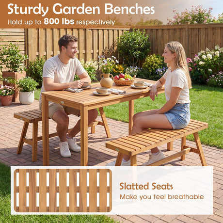 Juego de comedor de patio de madera de acacia de 3 piezas, mesa rectangular y bancos para exteriores con asientos de listones