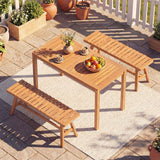 Juego de comedor de patio de madera de acacia de 3 piezas, mesa rectangular y bancos para exteriores con asientos de listones