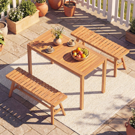 Juego de comedor de patio de madera de acacia de 3 piezas, mesa rectangular y bancos para exteriores con asientos de listones