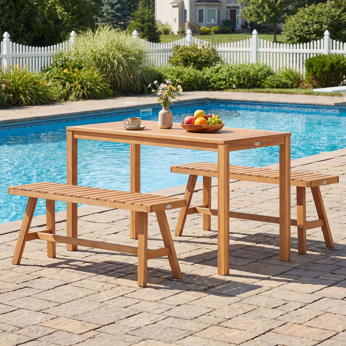 Juego de comedor de patio de madera de acacia de 3 piezas, mesa rectangular y bancos para exteriores con asientos de listones